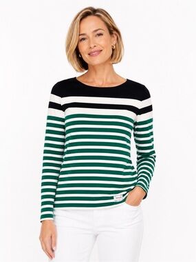 Talbots Green, Blue & White Striped Knit Top 100% Cotton